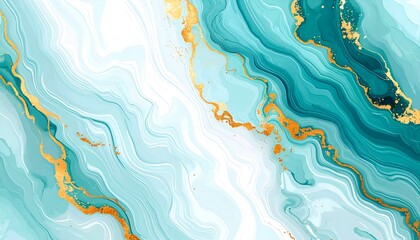 Abstract teal and white marbled background with golden veins and flowing patterns
