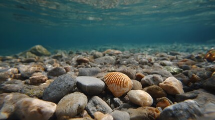 Underwater scene of a rocky seabed with a single seashell bathed in sunlight through clear blue water