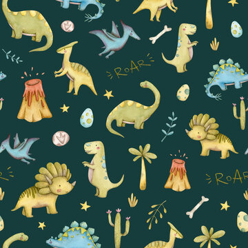 Watercolor kids dinosaur seamless pattern on dark background, watercolor illustration, background. T-rex, diplodocus, triceratops, pterodactyl.