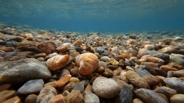 Underwater scene of a vibrant pebbly seabed adorned with shells bathed in clear blue water