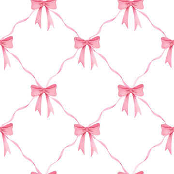 Watercolor seamless pattern with pink bows, ribbons forming rhombus. Hand-painted delicate pastel illustration