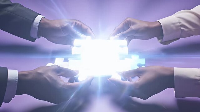 Teamwork Puzzle Solution - Four hands come together to assemble luminous puzzle pieces, symbolizing teamwork and a shared solution.