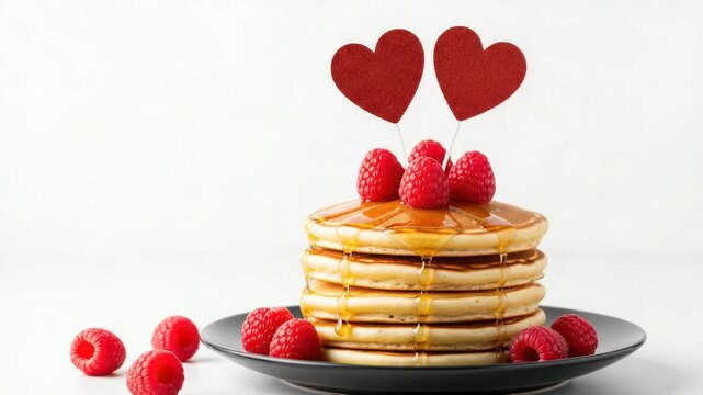 Stack of pancakes with raspberries and heart decorations isolated on white background