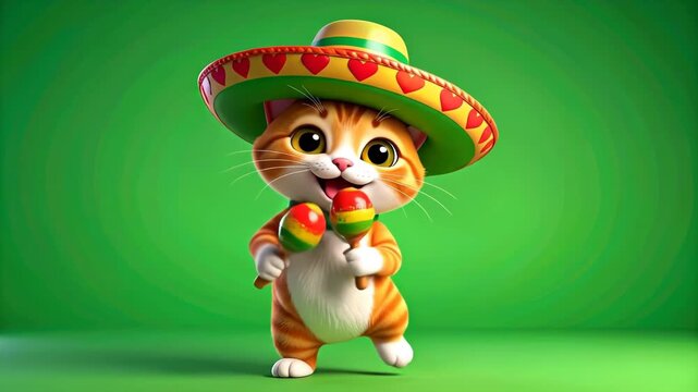 Cute Orange Cat Wearing Sombrero Playing Maracas and Dancing