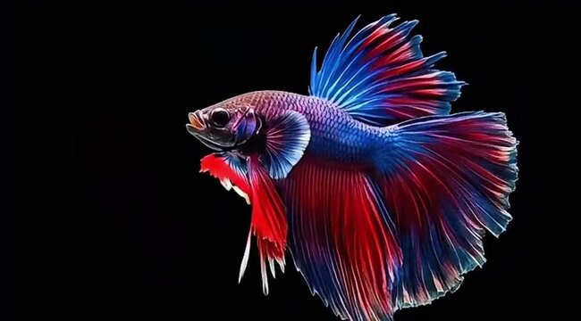 Siamese fighting fish with vibrant blue and red fins swimming against black background
