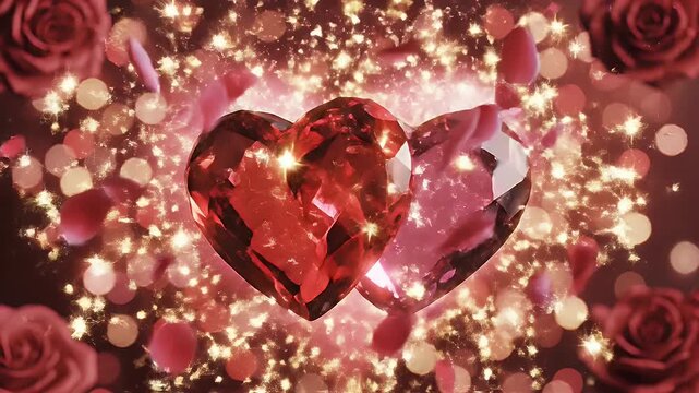 Valentine Celebration with Two Hearts - The video displays two gem-like hearts joined together in a sparkling pink background, creating a romantic and celebratory atmosphere.