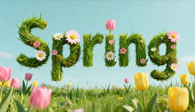 3d abstract spring word made of grass and flowers perfect for spring equinox