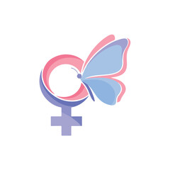 Obraz premium A digital illustration of a butterfly emerging from a female symbol in pink, blue, and purple hues on a white background. Perfect for equality campaigns, feminist movements, and social
