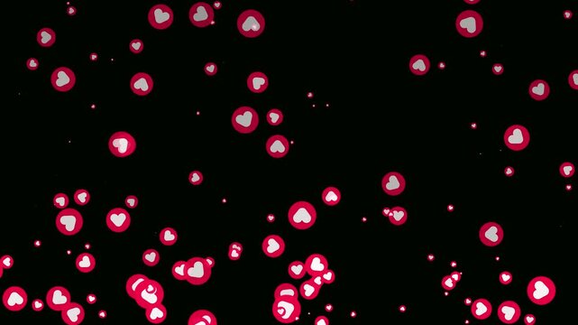 Love hearts particle flying cinematic valentine day animation on black background. Stream reactions in social media. Flying hearts love- Floating fountain of red hearts love button emoji animation.