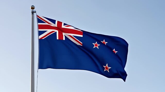 New Zealand flag waving in slow motion 4k aerial footage blue sky national pride patriotism cinematic clip