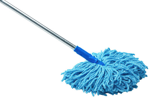 Floor mop with long handle and blue mop head, visible fabric strands and clean head edges, upright cleaning tool with soft shadow isolated on transparent background.