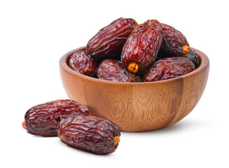 Dried dates fruit in wooden bowl isolated on white.