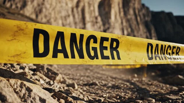 Yellow danger tape is prominently marking a dangerous area in a rugged mountain landscape, warning about the risk of falling and emphasizing the importance of safety precautions in challenging outdoor