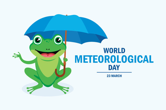 World Meteorological Day poster vector illustration. Cute green frog with blue umbrella cartoon. Happy meteorological frog icon. Template for background, banner, card. 23 March every year