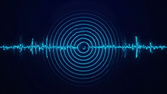 Abstract pulsing blue sound wave visualization with concentric circles on dark background