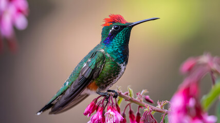 Fototapeta premium A vibrant hummingbird perched on a delicate pink flower in a lush natural setting