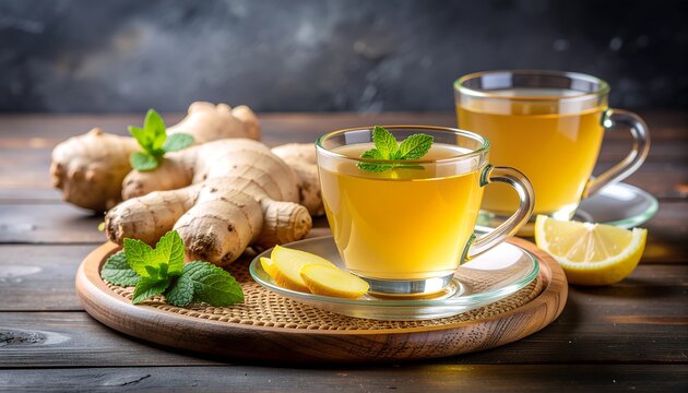 Invigorating homemade ginger tea with fresh lemon slices and mint leaves, a soothing and natural herbal beverage for comfort and wellness