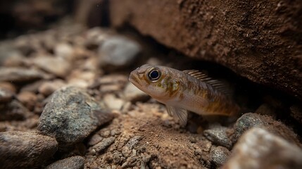 Obraz premium A small striped fish cautiously emerges from beneath a submerged rock in a shallow clear aquatic environment