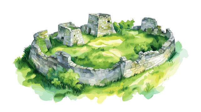 Kuelap Fortress. Kuelap Fortress hand drawn watercolor illustration
