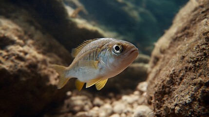 Obraz premium A small striped fish swims near submerged rocks in natural underwater lighting
