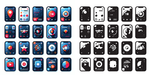 Smartphone UI Icons - App Essentials Vector Kit and silhouettes on white background