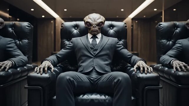 Extraterrestrial figures in suits sit in a high-end office. The camera pushes in on the leader then pulls back to reveal the full council. This depicts a shadow government conspiracy.
