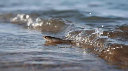 Fototapeta premium A small struggling fish is caught in the shallow surf of a wave at the water s edge