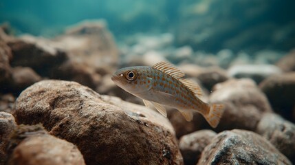 A small colorful fish with orange spots swims in clear shallow water among rocks