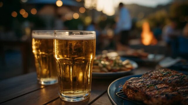 102Cinematic sunset scene of a social beer gathering, glasses filled with amber beer, delicious appetizers and grilled food nearby, warm backlighting, joyful and relaxed outdoor celeb