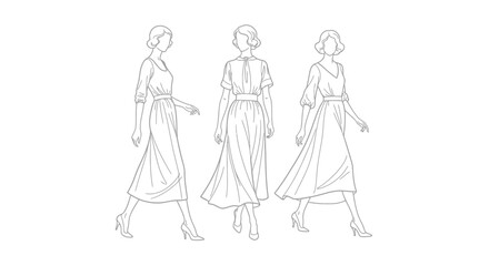 Fashion illustration of three women walking in dresses.