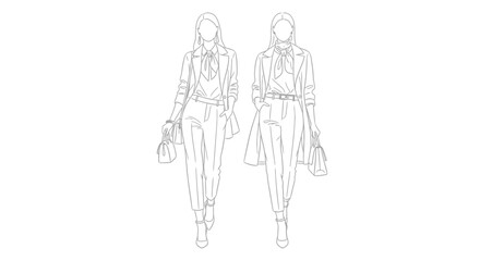 Fashion illustration of two women walking with handbags.