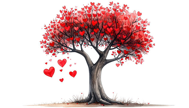 A majestic tree with vibrant red hearts for leaves stands alone, surrounded by floating hearts, in a serene landscape viewed from the side.