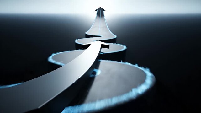 Dynamic Arrow on Winding Path Symbolizing Growth - A dynamic black arrow progresses along a winding path, representing a metaphor for non-linear growth and challenges.