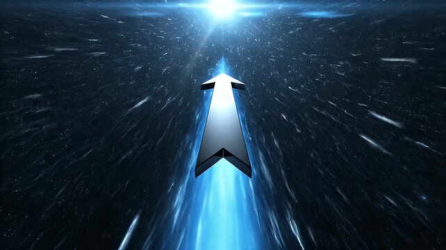 Arrow in Winding Path - A dynamic shot of a black arrow symbol, moving along a winding path. The path is visually represented by swirling blue energy, symbolizing non-linear growth and upward