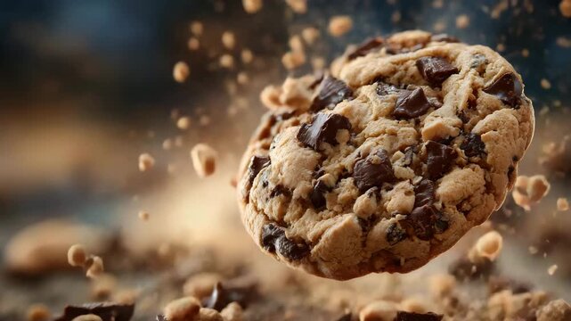 137Chocolate chip cookie floating against a softly blurred background, crumbs frozen mid-motion, warm highlights emphasizing texture and freshness, comforting sweet treat visual