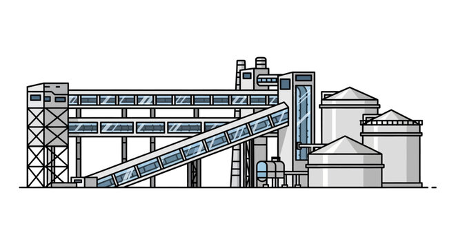 Industrial facility illustration showing conveyor belt and silos in a factory setting from a side view