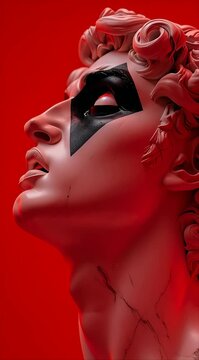 antique male statue bust with black diamond eye mask and glowing red eyes on red background villain concept
