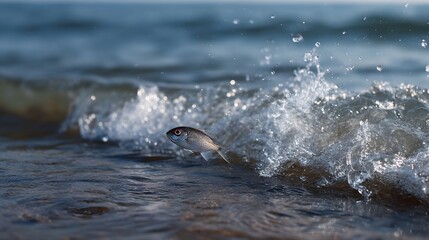 Fototapeta premium A small fish leaps from the crest of a breaking ocean wave surrounded by spray