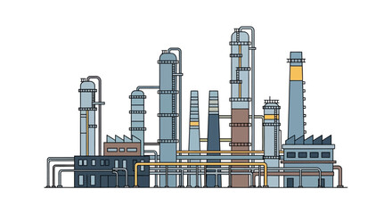 Obraz premium Industrial facility with multiple chimneys and pipes viewed from the front in a detailed illustration