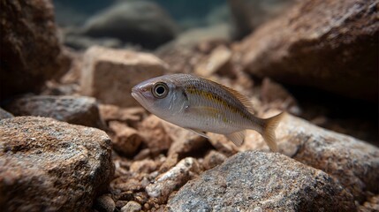 Naklejka premium A small yellow striped fish swims serenely over a rocky seabed in clear underwater waters