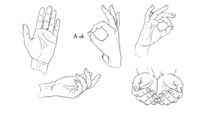 Various hand gestures and positions illustrated in simple line drawings.