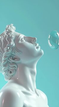 white marble male statue bust looking up at floating soap bubble on teal background