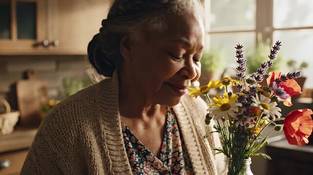 Senior Woman Smelling Fresh Flowers - A serene shot of a smiling senior woman with grey hair, gently smelling a colorful bouquet of flowers in a clear bottle.