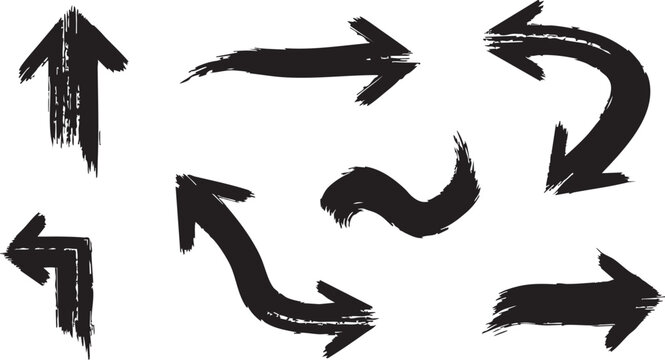 Set of various black grunge arrows pointing in multiple directions with a distressed brush stroke texture on a white background, ideal for design elements.