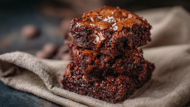 153Close-up of stacked chocolate brownies, glossy cracked tops, dense fudgy interiors peeking through, soft ambient light highlighting moisture and richness, irresistible dessert scen