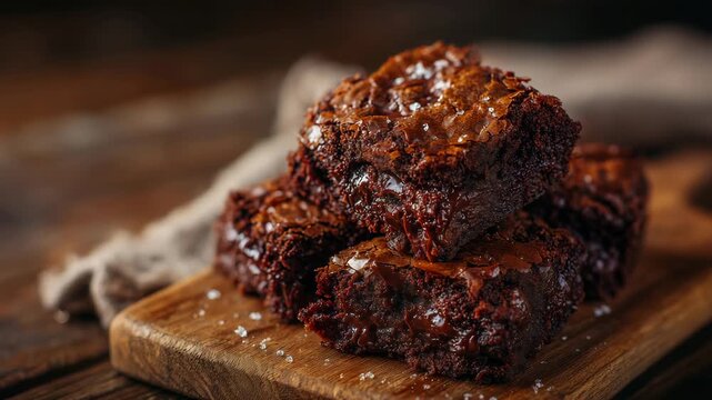 156Macro shot of decadent chocolate brownies piled high, moist texture and shiny surface emphasized, soft shadows and warm tones creating a luxurious dessert mood