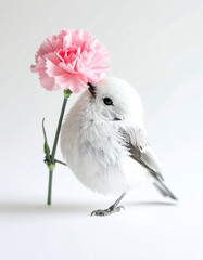 Cute shimaenaga holding a pink carnation on white background
ピンクのカーネーションをくわえたシマエナガ