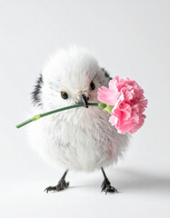 Cute shimaenaga holding a pink carnation on white background
ピンクのカーネーションをくわえたシマエナガ