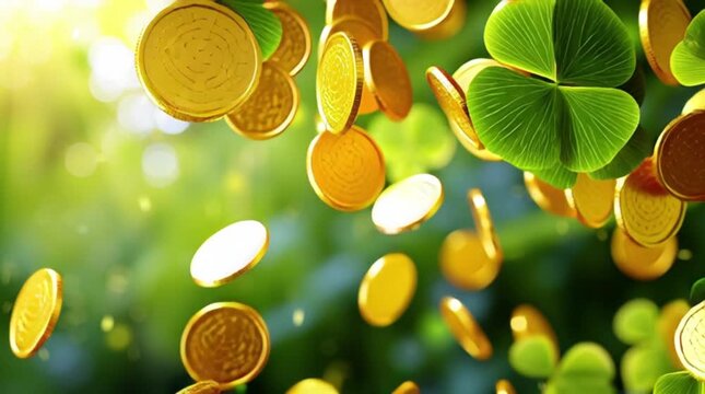 St. Patrick's Day. Green background of green clover leaves and falling gold coins.
