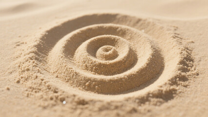 A spiral pattern drawn in fine golden sand, showcasing smooth curves and soft texture under natural light on a beach surface